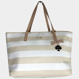 Kate Spade New York Trapezoid Tote Shoulder Bag Leather PVC Beige/White Striped